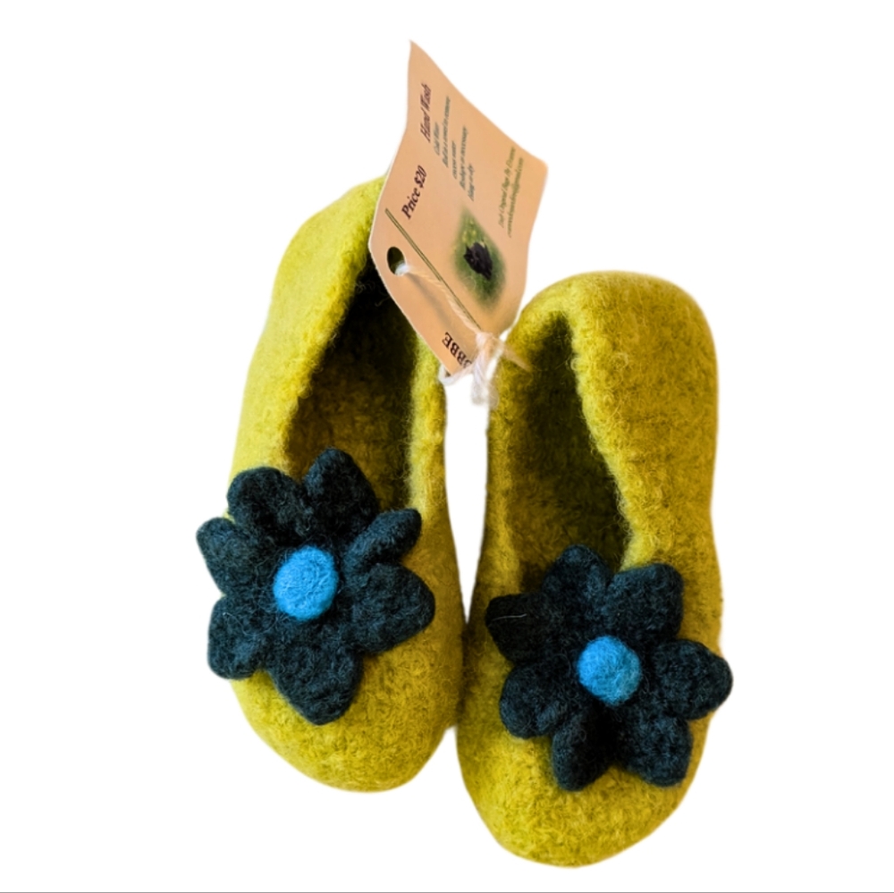 Handmade Wool-Felted Yellow and Blue Felt Slippers with Flower Embellishment NWT